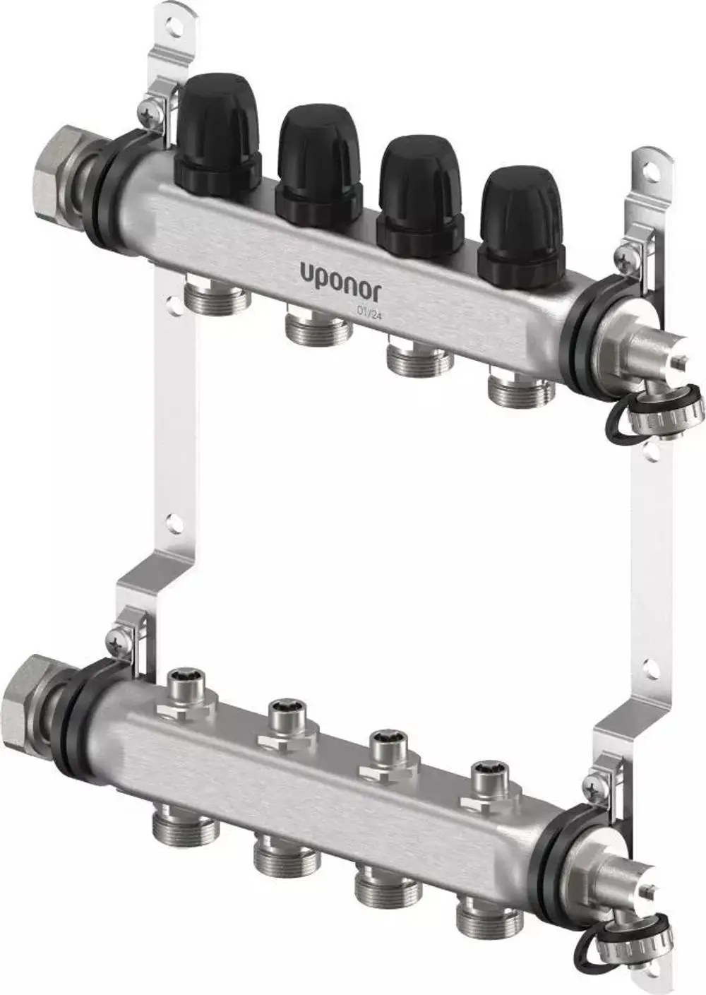 Verteiler mit mehreren Anschlüssen, hergestellt von Uponor. Das Produkt zeigt eine Metallkonstruktion mit schwarzen Drehgriffen und ist zur Verbindung von Heiz- oder Kühlsystemen geeignet.